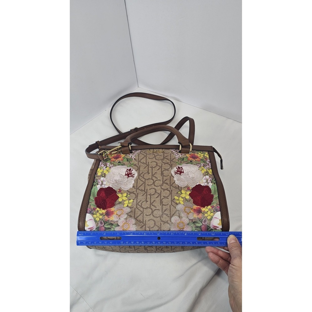 Calvin Klein Floral Embroidered Satchel Crossbody Logo Bag Brown Beige - Picture 8 of 9